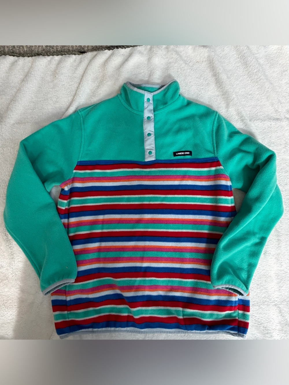 Lands’ End Kids Striped Fleece Snap Pullover Size M 10–12